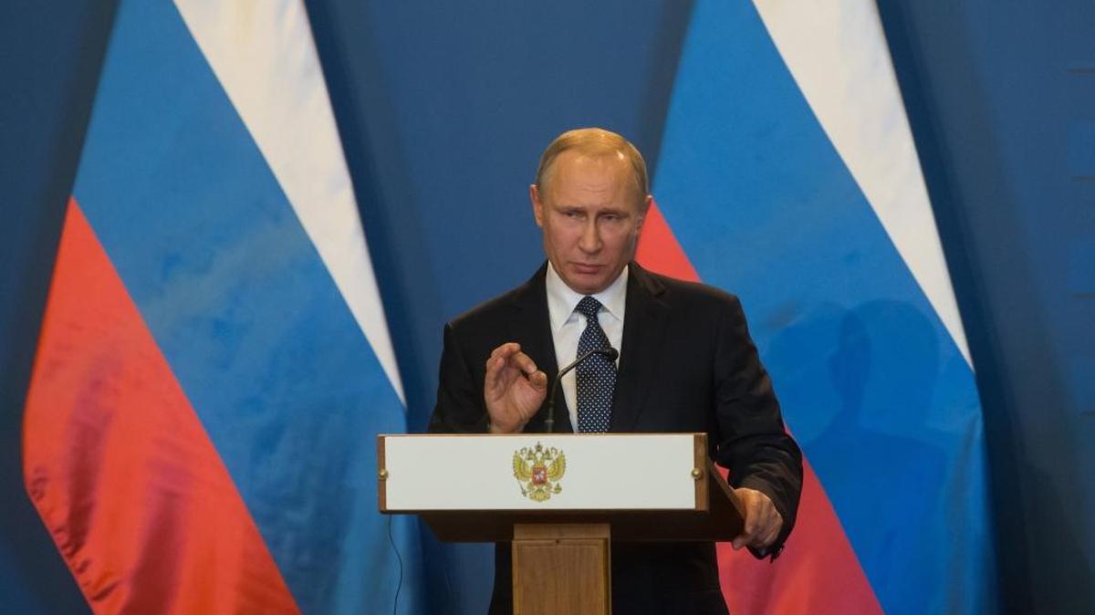 Russian President Vladimir Putin addresses a news conference in Budapest, Hungary, on Thursday, Feb. 2, 2017.