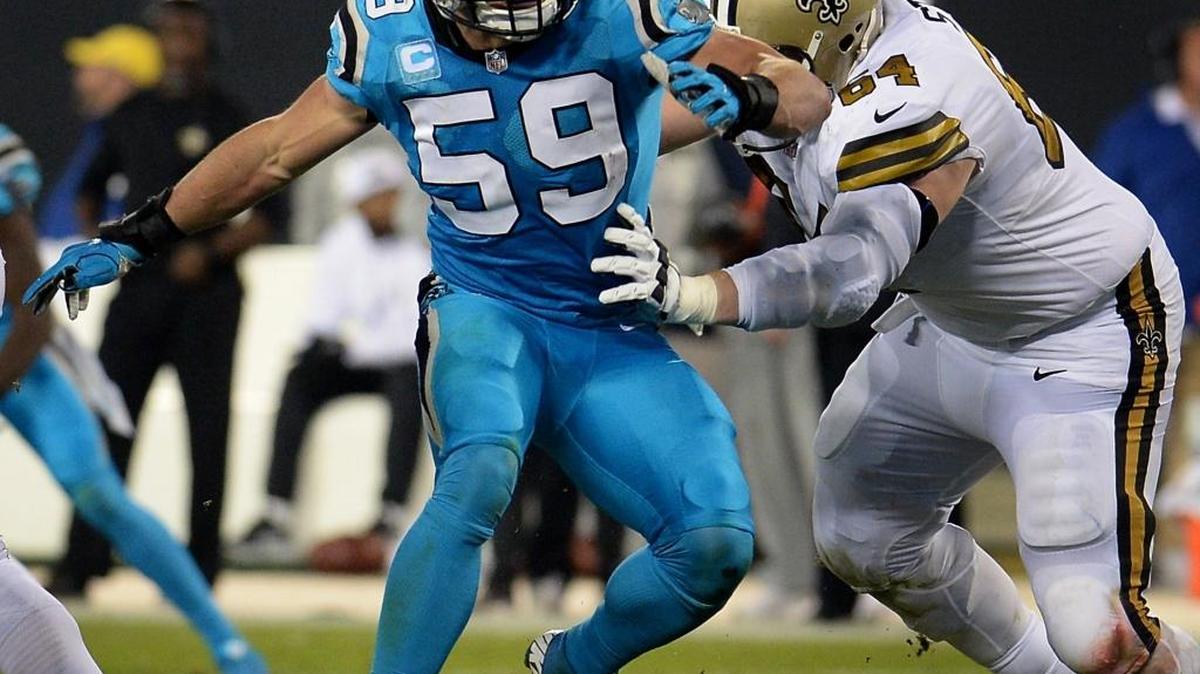 Carolina Panthers linebacker Luke Kuechly, left, battles New Orleans Saints tackle Zach Strief, right, during third quarter action at Bank of America Stadium in Charlotte during a 2016 game.
