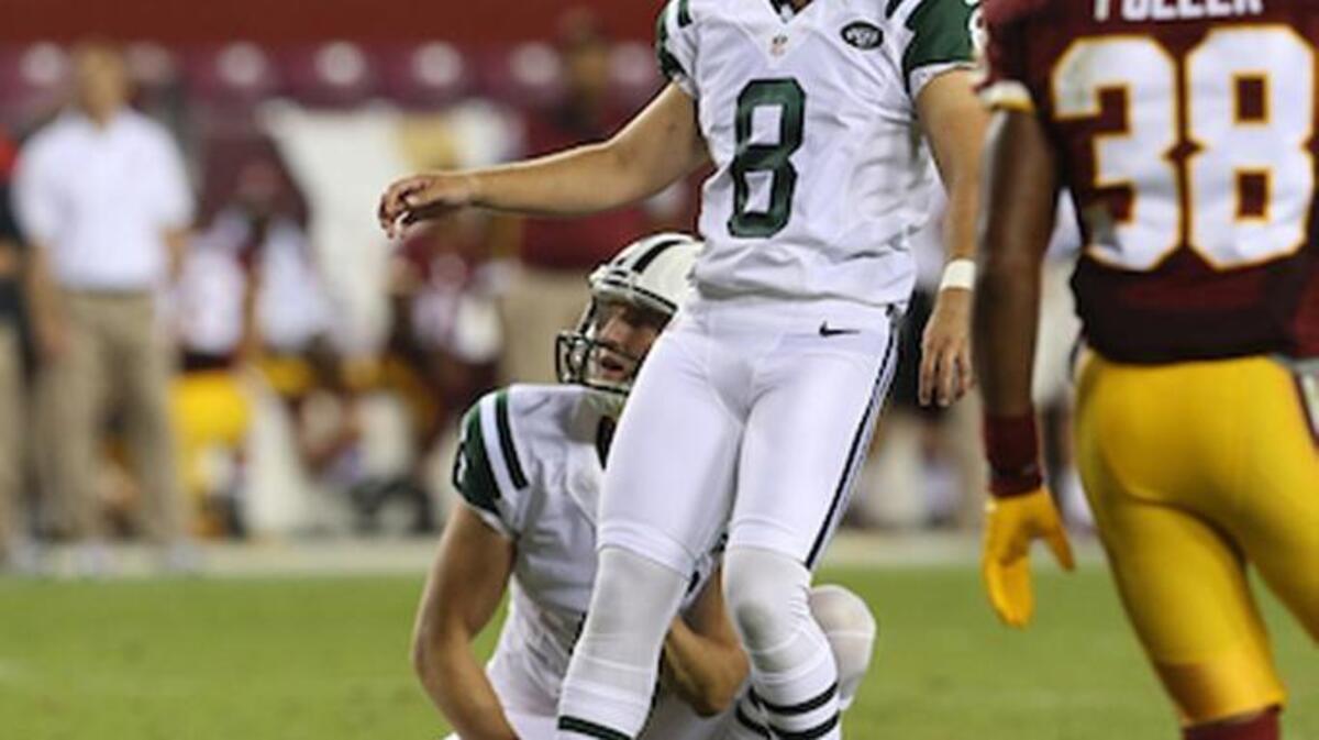 New York Jets kicker Ross Martin kicks a field goal against the Washington Redskins during a 2016 NFL exhibition game.