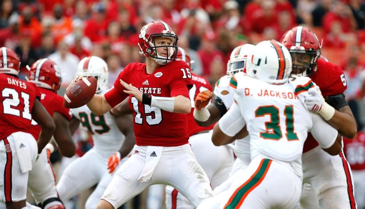 N.C. State quarterback Ryan Finley (15) prepares to pass against Miami in November.