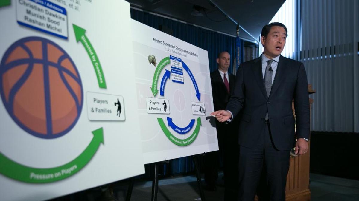 Acting U.S. Attorney Joon H. Kim speaks during a press conference at the U.S. Attorney’s Office, Southern District of New York, on Tuesday to announce charges of fraud and corruption in college basketball.