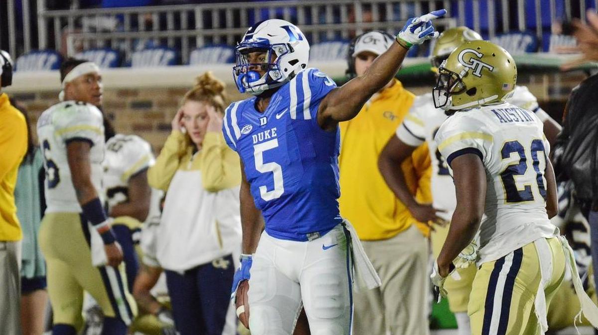 Duke's Johnathan Lloyd reacts to a first down against Georgia Tech , Saturday, November 18, 2017, in Durham.