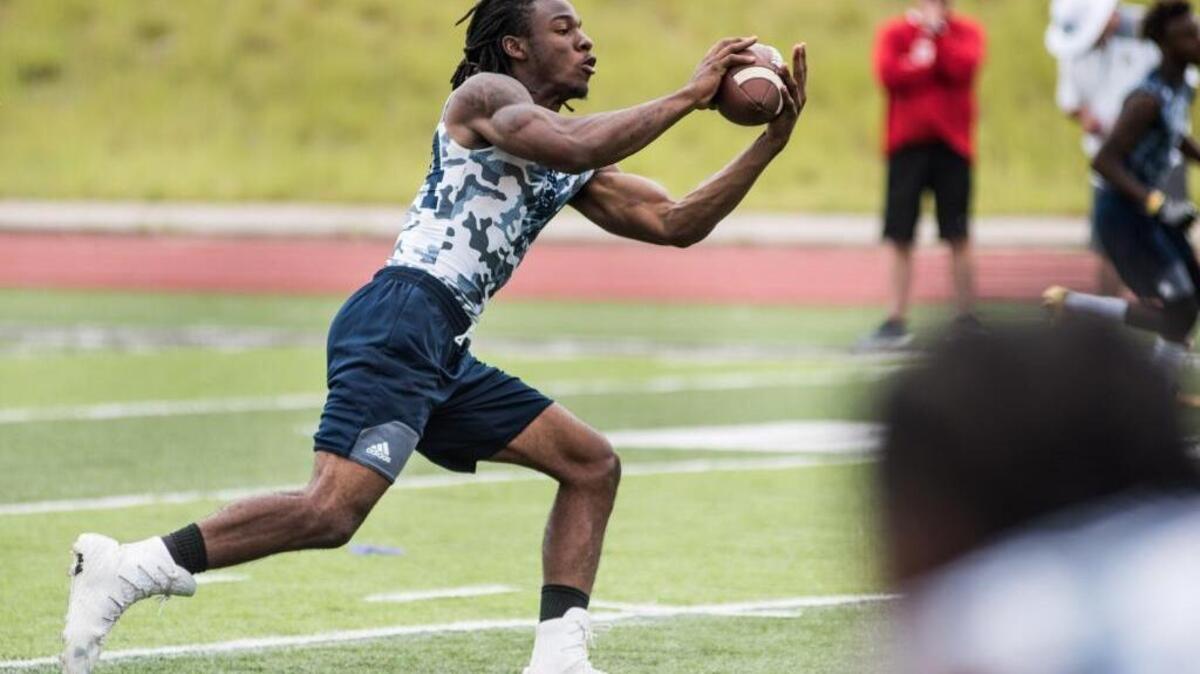 Running back Mataeo Durant of McCormick, S.C,, shown here catching a pass during the EPT Skills Showcase in Columbia, S.C. last May, committed to play football at Duke on Saturday.