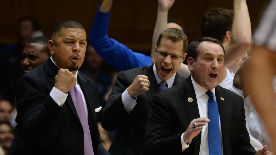 The Duke bench reacts during a game at Cameron Indoor Stadium last November. The Blue Devils nonconference schedule for next season is nearly complete with the addition of Dec. 20 home game with Evansville.