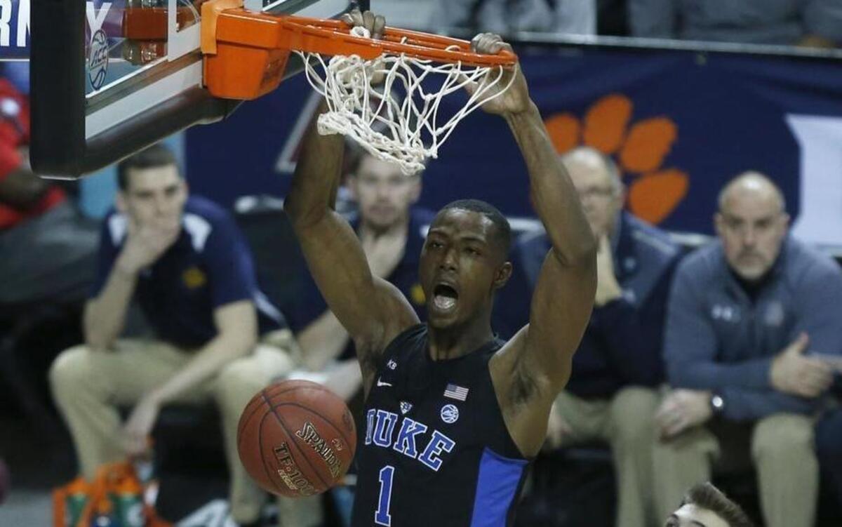 Duke's Harry Giles (1) slams in two during the first half of Duke's game against Notre Dame in the finals of the New York Life ACC Tournament at the Barclays Center in Brooklyn, N.Y., on March 11, 2017.