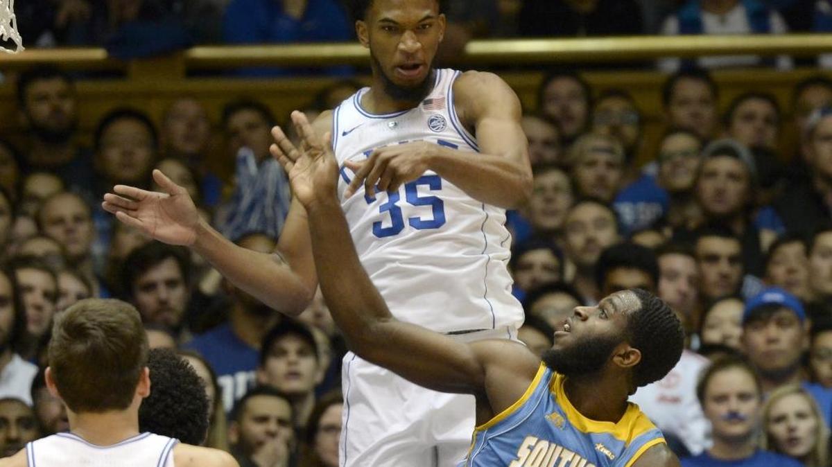 Duke forward Marvin Bagley III (35) blocks a first half shot by Southern University guard Jamar Sandifer (10). Duke defeated Southern University 78-61 Friday, Nov. 17, 2017 at Cameron Indoor Stadium in Durham, N.C.
