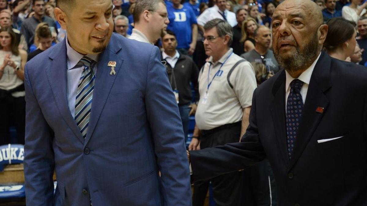 Duke’s Jeff Capel III, left, and dad’s Jeff Capel Jr. are on the sideline after a win over Wake Forest in February.