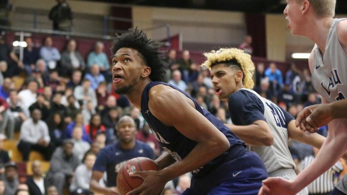 Sierra Canyon's Marvin Bagley III, left, in action against La Lumiere during a high school basketball game at the 2017 Hoophall Classic on January 16, 2017, in Springfield, MA.. Sierra Canyon won the game. (AP Photo/Gregory Payan)