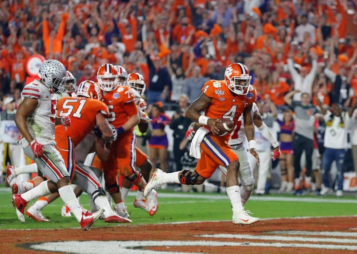 Clemson quarterback Deshaun Watson (4) scores a touchdown run during the Tigers’ Fiesta Bowl win over Ohio State in December.