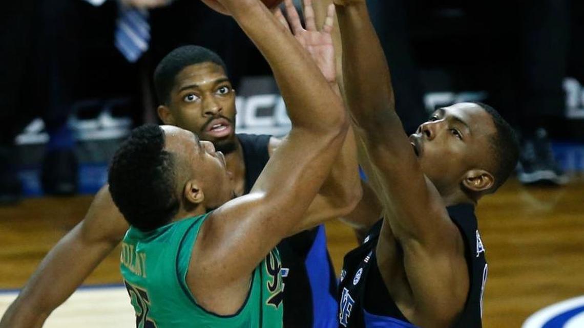 Duke's Harry Giles (1) blocks the shot by Notre Dame's Bonzie Colson (35) during the first half of Duke's game against Notre Dame in the ACC Tournament final at the Barclays Center in Brooklyn, N.Y., Saturday, March 11, 2017.