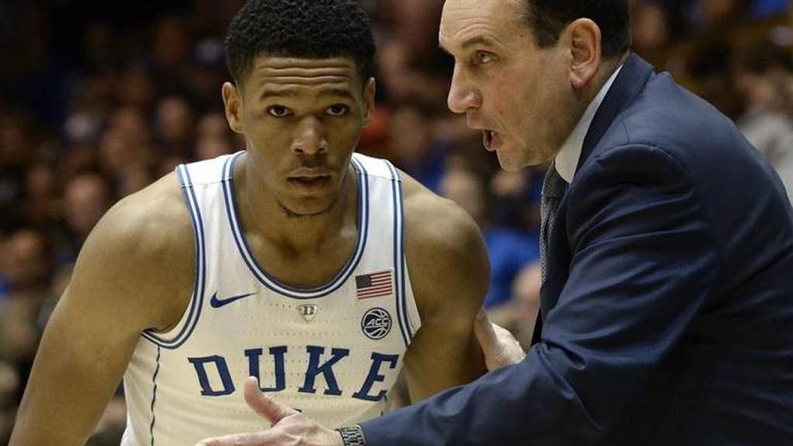 Duke head coach Mike Krzyzewski speaks with Blue Devil guard guard Trevon Duval (1) in the second half of play. Duke defeated Utah Valley 99-69 as Coach K won his 1000th game as the head coach of the Blue Devils at Cameron Indoor Stadium in Durham, N.C. Saturday, Nov. 11, 2017.