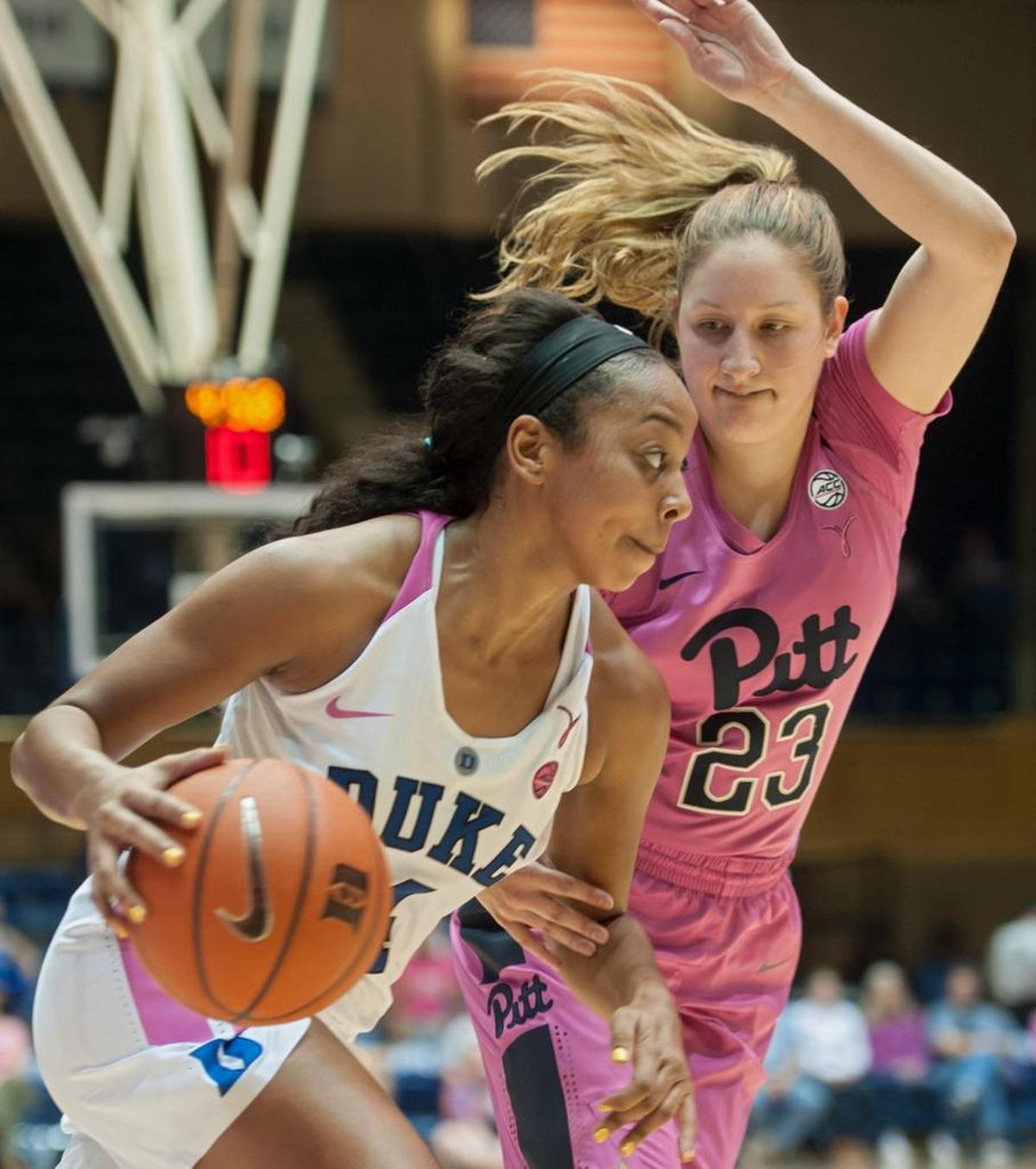 Duke's Lexie Brown drives past Pitt's Alayna Gribble during a game on Feb. 12, 2017 at Cameron Indoor Stadium.