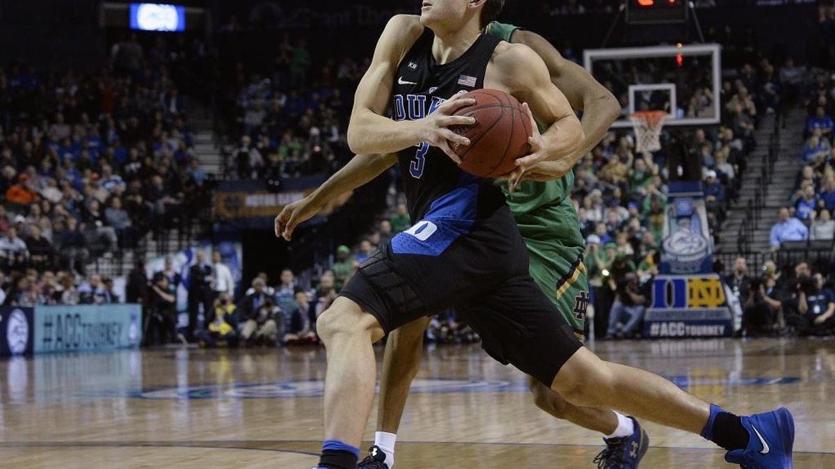 Duke guard Grayson Allen (3) races to the basket in the first half of Duke’s 75-69 win over Notre Dame in the ACC Men's Basketball Tournament at the Barclays Center in Brooklyn, N.Y., on March 11, 2017
