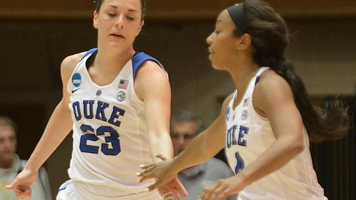 Duke guards Rebecca Greenwell and Lexie Brown react during the first round of the NCAA tournament last March