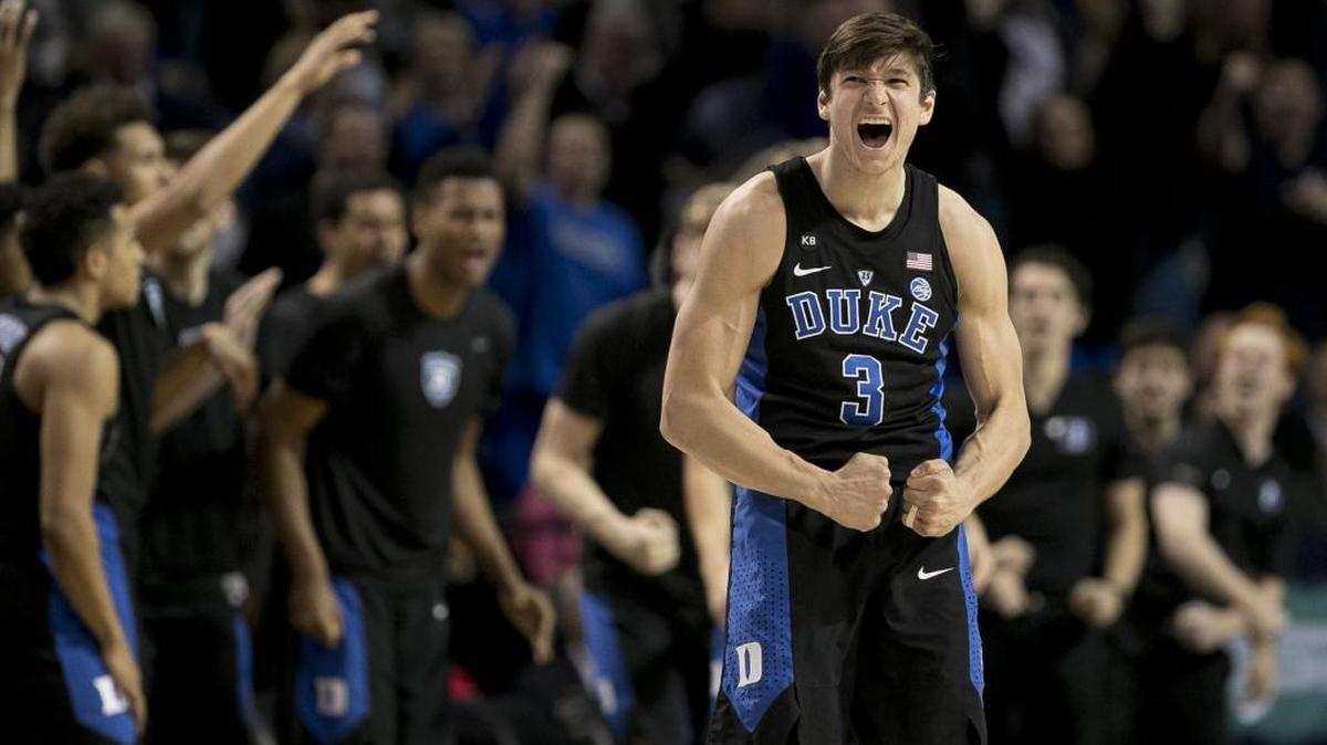 Duke’s Grayson Allen reacts after sinking a 3-point basket against UNC in the 2017 ACC tournament.