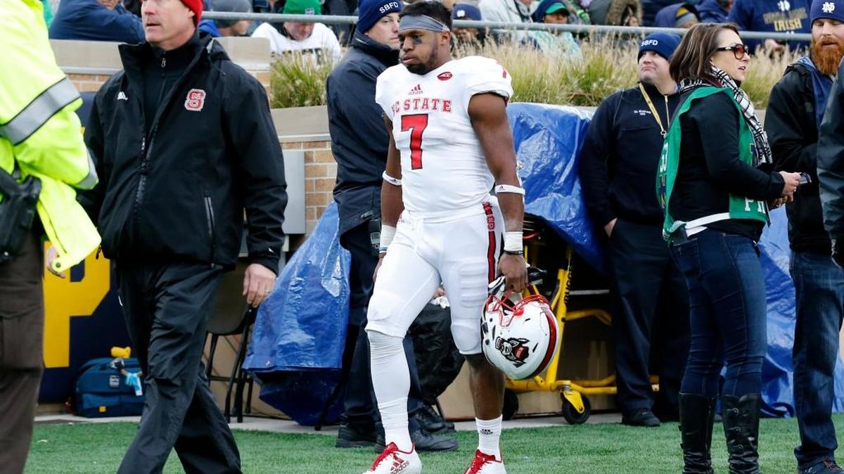N.C. State running back Nyheim Hines (7) walks off the field during the first half of N.C. State's game against Notre Dame at Notre Dame Stadium in South Bend, Ind., on Oct. 28, 2017.