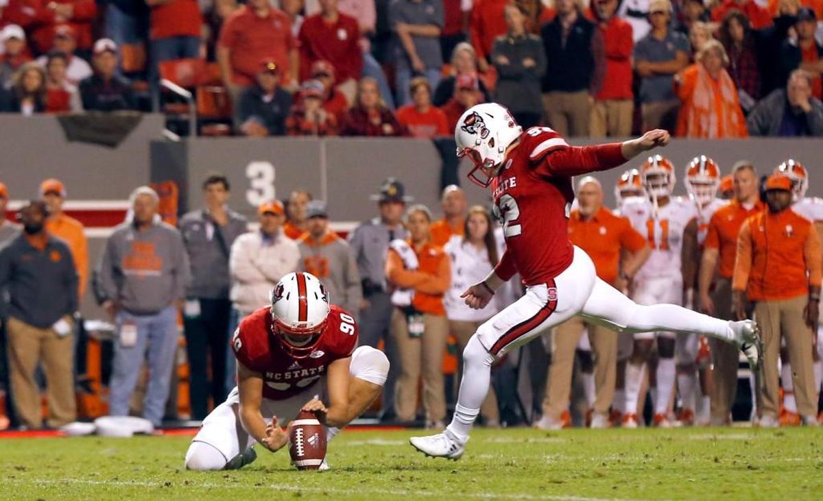 N.C. State's Kyle Bambard (92) kicks a 22-yard field goal during the second half of Clemson's 38-31 victory at Carter-Finley Stadium Saturday, Nov. 4, 2017.