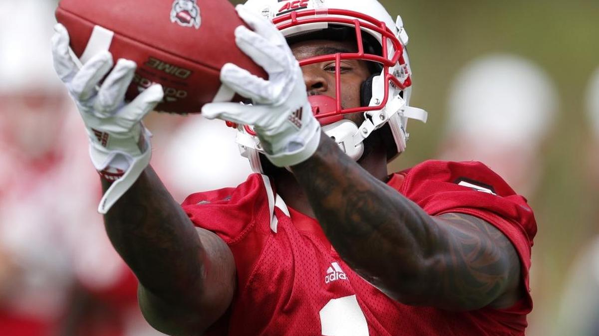 N.C. State’s Jaylen Samuels pulls in a pass during the Wolfpack’s first practice in July.