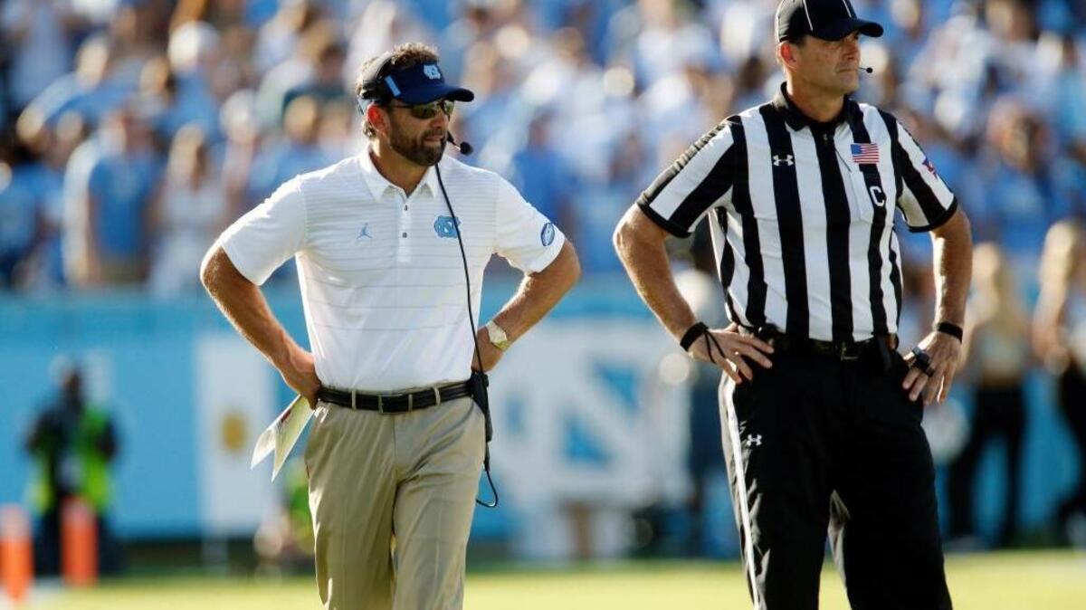 North Carolina Tar Heels coach Larry Fedora paces the sidelines during his team’s game against Duke on Saturday.