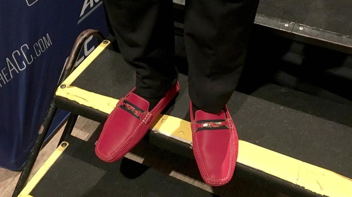 The red shoes worn by N.C. State’s Jaylen Samuels at the ACC Kickoff on Thursday.