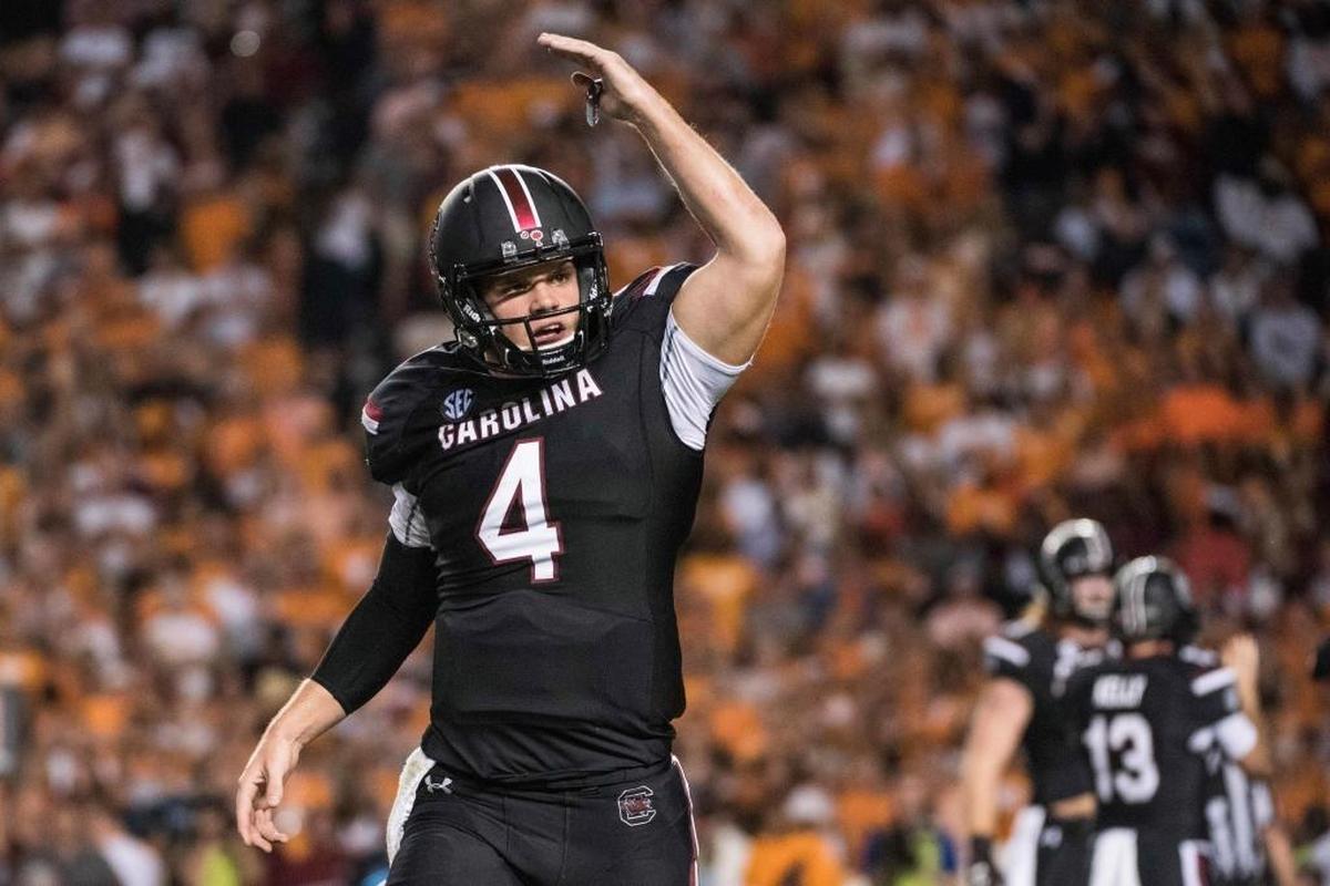 South Carolina quarterback Jake Bentley celebrates a touchdown against Tennessee in October. The Wolfpack opens the season against South Carolina on Sept. 2.