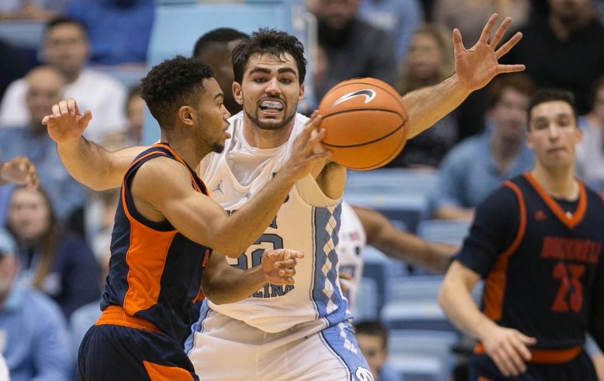 North Carolina’s Luke Maye defends Bucknell’s Stephen Brown, left, on Nov. 15.