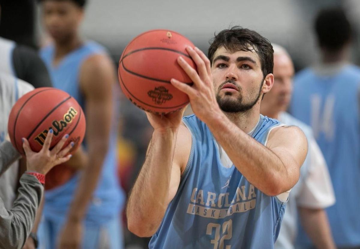North Carolina’s Luke Maye works on his shot during practice in March.