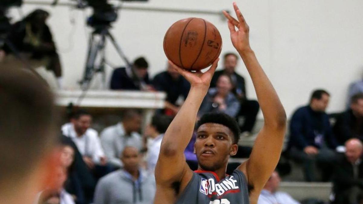 North Carolina’s Tony Bradley shoots during the NBA draft basketball combine Thursday in Chicago.