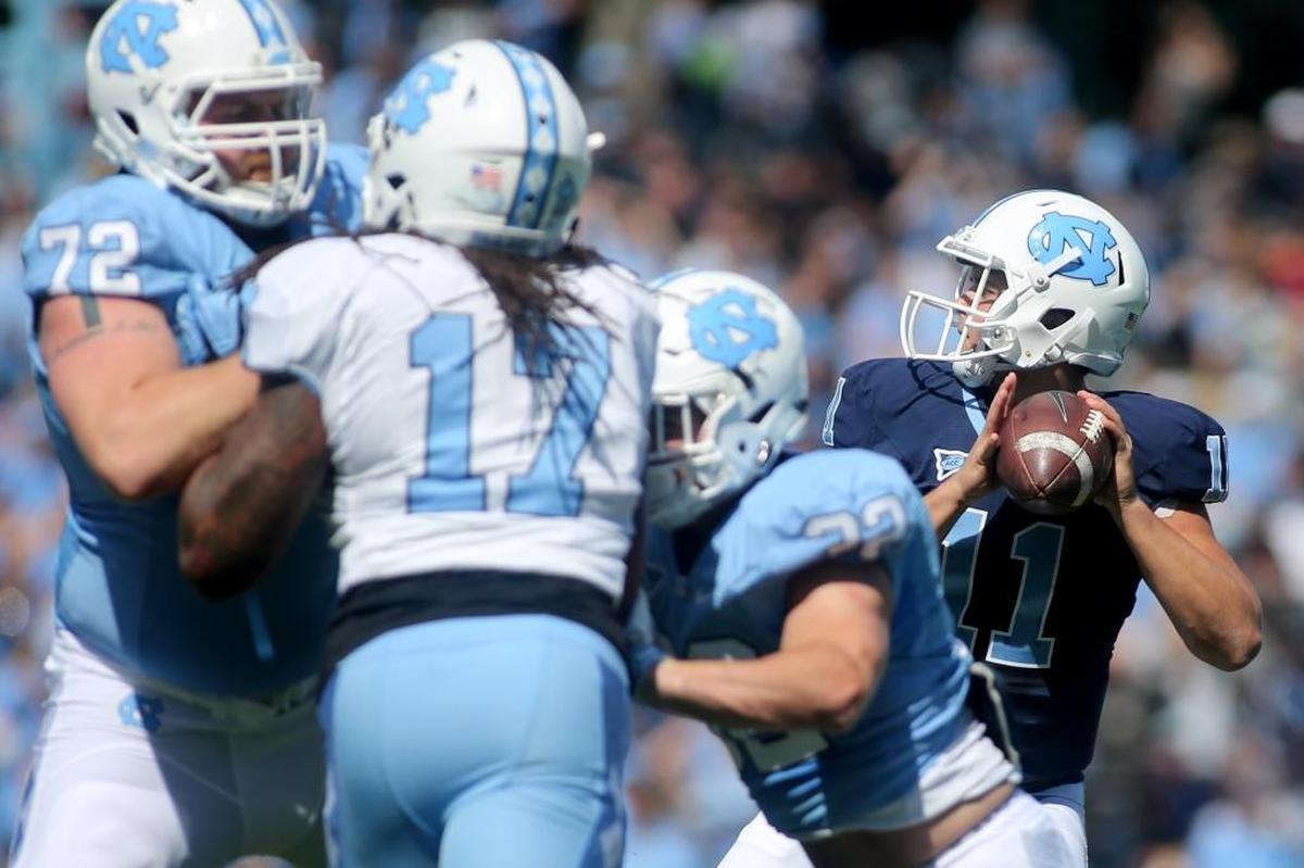 North Carolina quarterback Nathan Elliott, right, looks to pass the ball during the spring game in April.