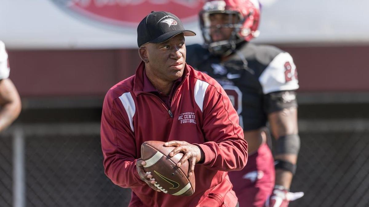 Granville Eastman puts the defensive backs through drills prior to N.C. Central’s game against Delaware State on Oct. 28. Eastman was named the Eagles’ interim head coach on Dec. 8.
