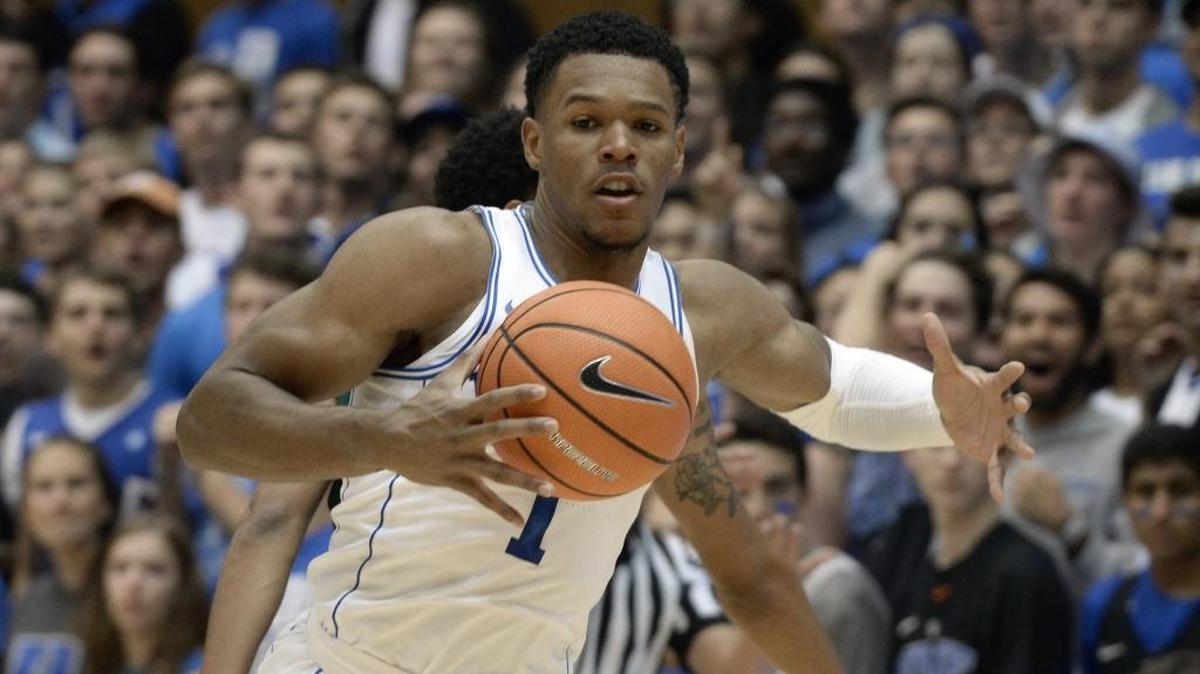 Duke freshman Trevon Duval (1) steals the ball from a Northwest Missouri State player in the first half of play. Duke beat Northwest Missouri State 93-60 in an exhibition game at Cameron Indoor Stadium in Durham, N.C. Friday, October 27, 2017.