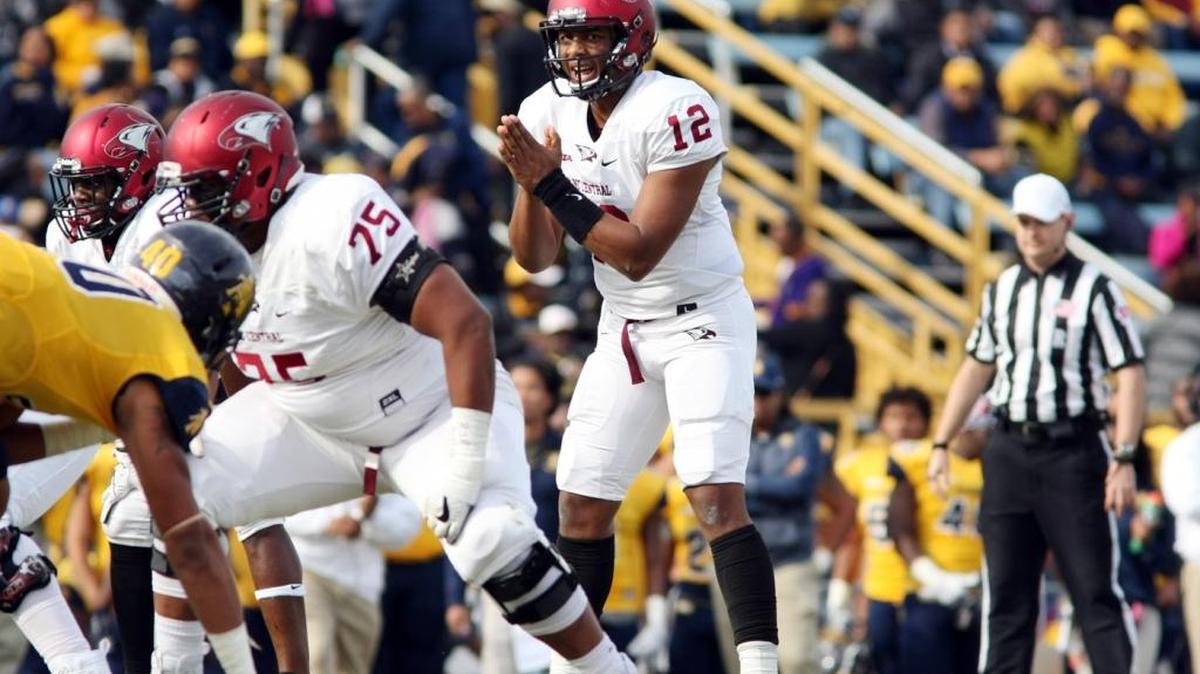 North Carolina Central freshman quarterback Chauncey Caldwell looks over the North Carolina A&T defense during the Aggies’ 24-10 win over the Eagles last Saturday in Greensboro. Caldwell should be one of nine returning starters on offense in 2018.