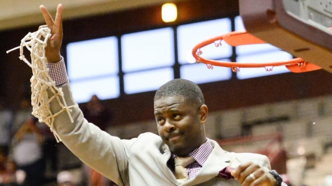 LeVelle Moton, N.C. Central coach, celebrates its 72-49 win over Bethune-Cookman to win the MEAC Tournament in 2015.