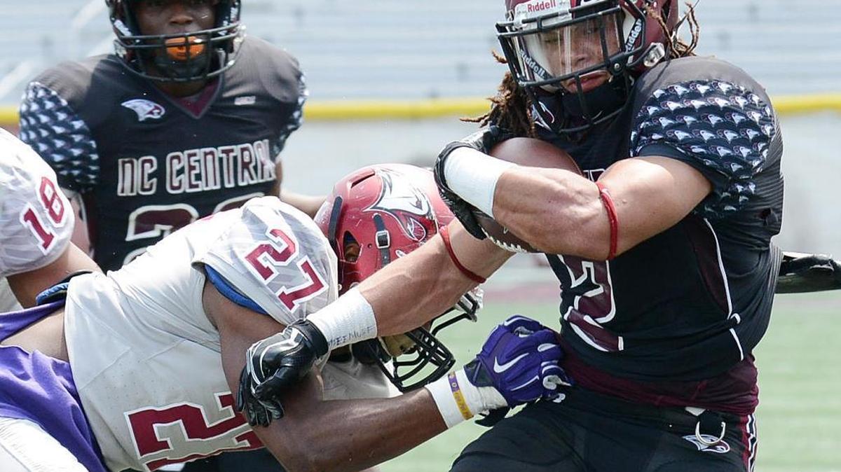 The Herald-Sun | Bernard Thomas NCCU wide receiver Jacen Murphy (2) battles defensive back Jaquell Taylor (27) during the spring game at O’Kelly-Riddick Stadium.