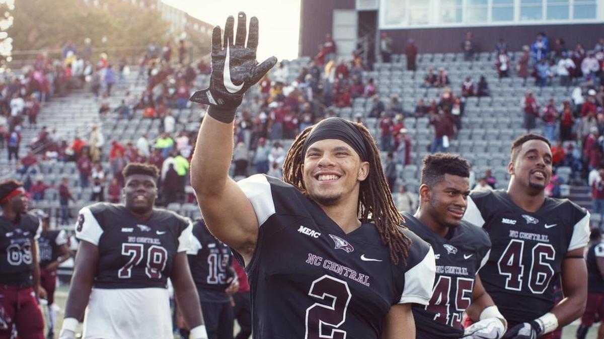 N.C. Central wide receiver Jacen Murphy waves to the crowd after the Eagles 42-14 win over Delaware State on Oct. 28. Murphy had 10 catches for 189 yards and two scores in the win. This season he led the Eagles with 60 catches for 742 yards and five touchdowns.