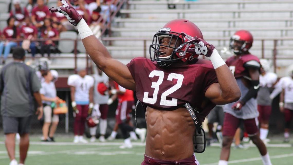 N.C Central safety Alden McClellon walks off the field after a big play during a scrimmage at O’Kelly-Riddick Stadium on Saturday. McClellon gained 12 pounds of muscle over the summer, one of the most productive summers the Eagles have had under head coach Jerry Mack.