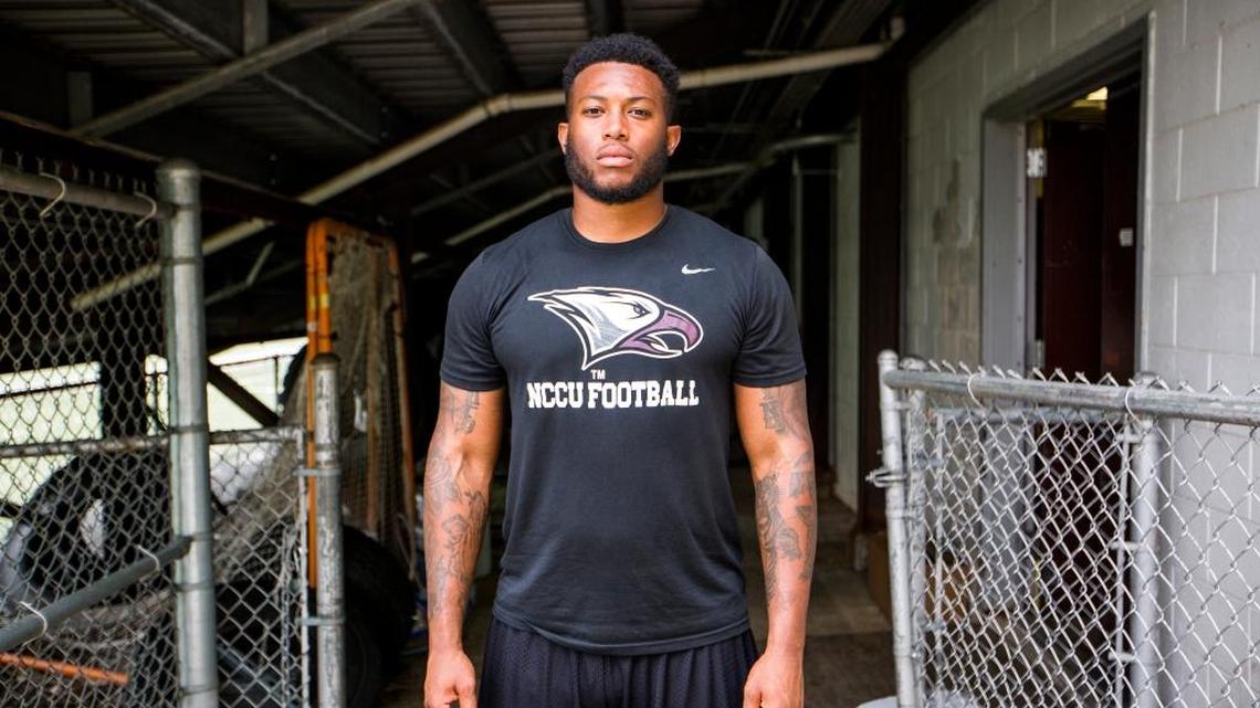 Antonio Brown, a senior defensive lineman on the NC Central football team, stands for a portrait on Thursday, Aug. 3, 2017, in Durham, NC.
