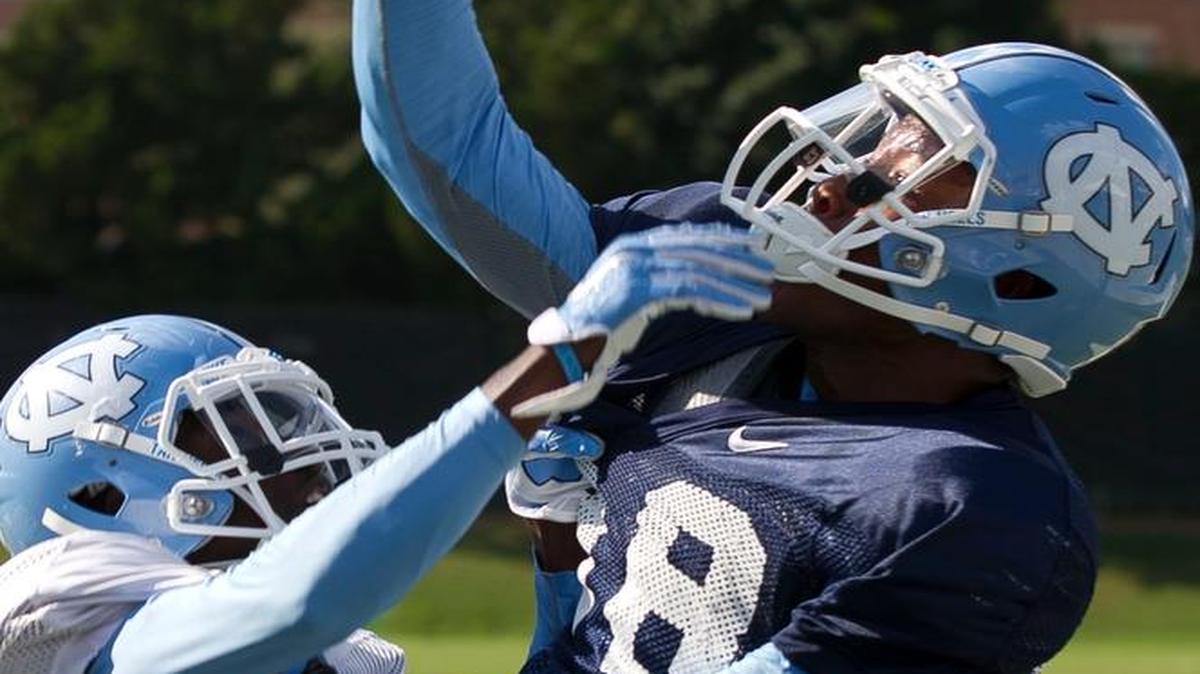 North Carolina receiver Jordan Fieulleteau (88) makes a one handed catch during drills against the defensive unit at the Tar Heels practice on Tuesday, August 30, 2016 at Navy Field in Chapel Hill, N.C.