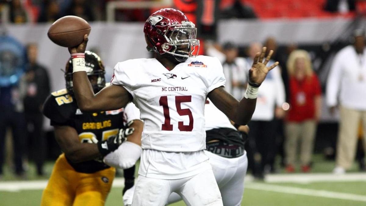 Former North Carolina Central quarterback Malcolm Bell makes a throw versus Grambling State University in the Air Force Reserve Celebration Bowl.