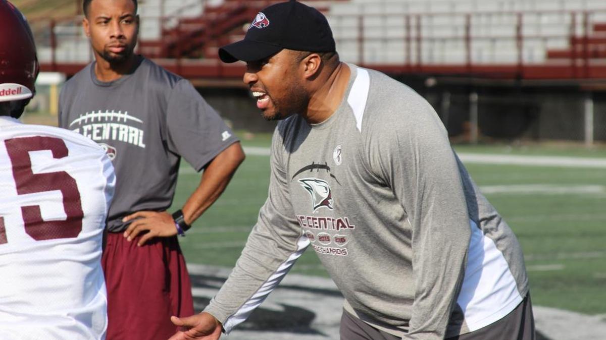 North Carolina Central head coach Jerry Mack leads his team during spring practice at O'Kelly-Riddick Stadium.