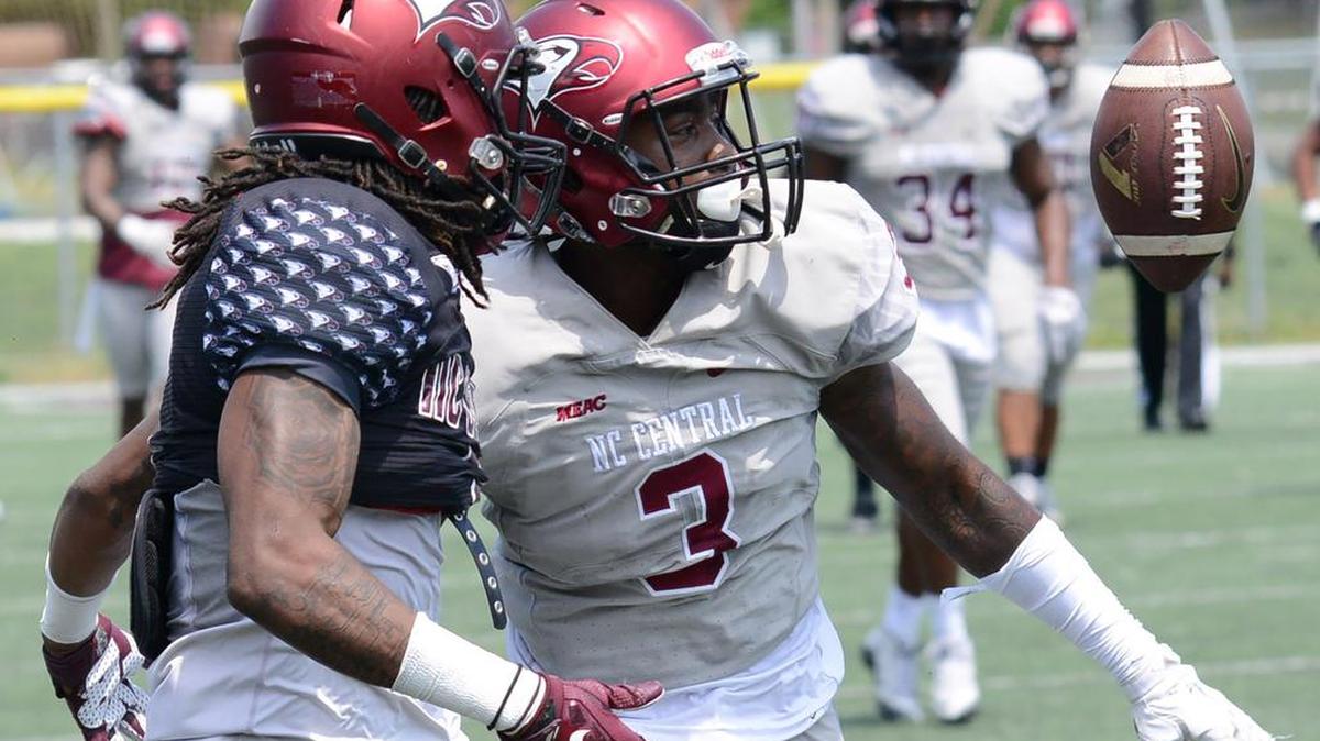The Herald-Sun | Bernard Thomas NCCU defensive back Jamarcus Johnson (3) breaks up a pass intended for Jalen Wilkes during the spring game Saturday.