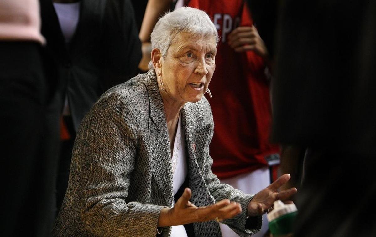 NC State women’s basketball coach Kay Yow speaks with her team during a second half timeout against Appalachian State in 2007.