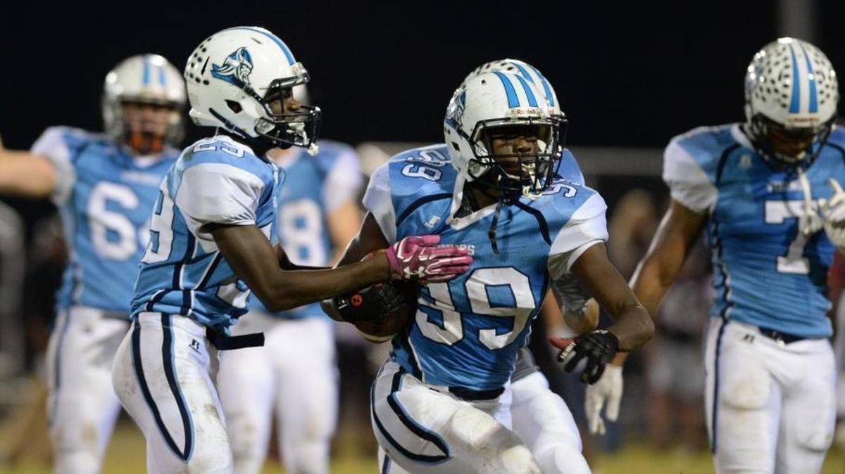 Tyhagee Allen (99) of South Granville celebrates a defensive win for the Vikings. The J.F. Webb Warriors visited the South Granville Vikings in a high school football game on Nov. 3, 2017.