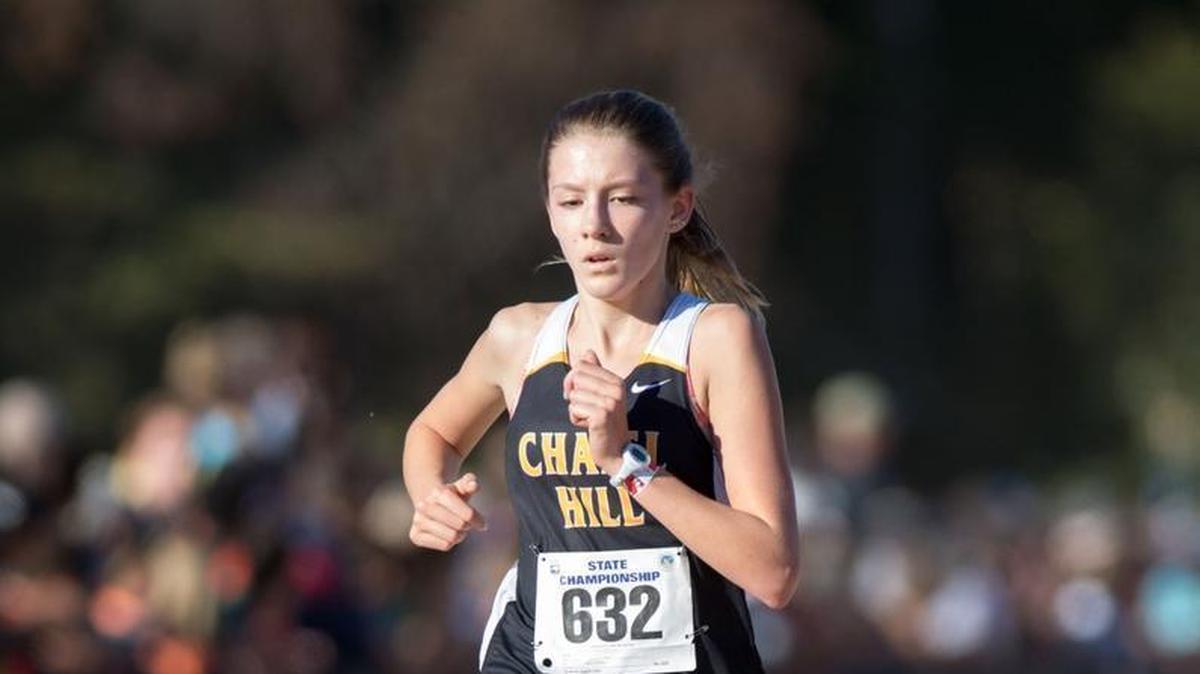 Chapel Hill's Katherine Dokholyan finishes in fourth place during the NCHSAA Class 3A Girls State Cross Country Championships that took place at Ivey Redmon Sports Complex on November 5, 2016 in Kernersville, North Carolina.