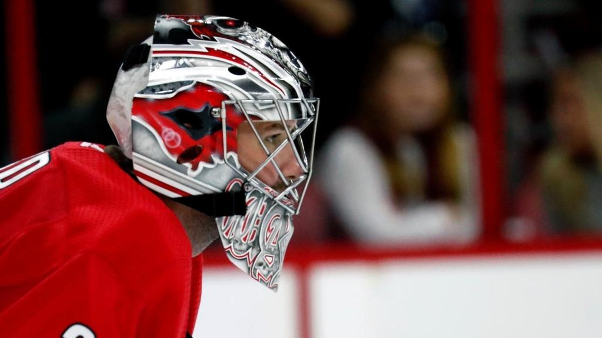 The Canes' Cam Ward watches his team against the St. Louis Blues on Oct. 27.