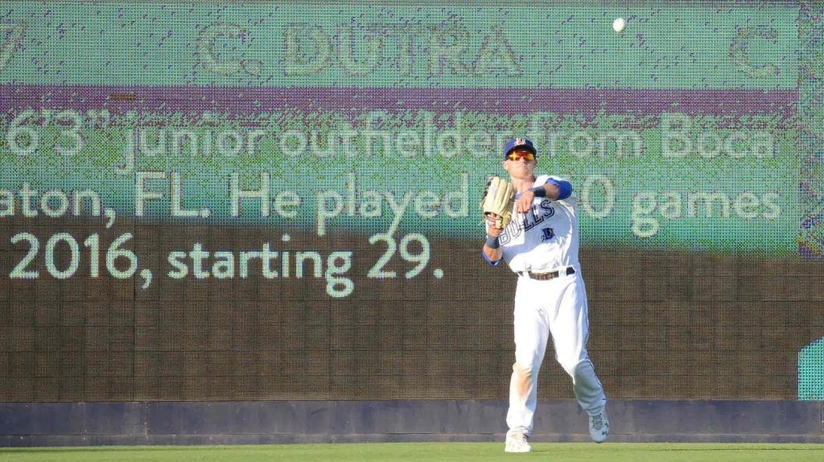 Durham Bulls' Jake Bauers throwing the ball at the Durham Bulls Athletic Park has played outfield and infield for the team this season.