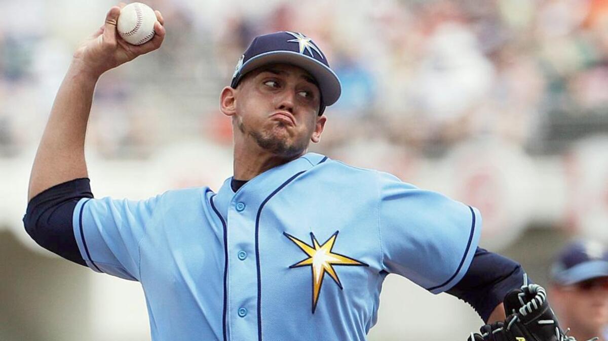 Jose DeLeon pitches during spring training for the Tampa Bay Rays.