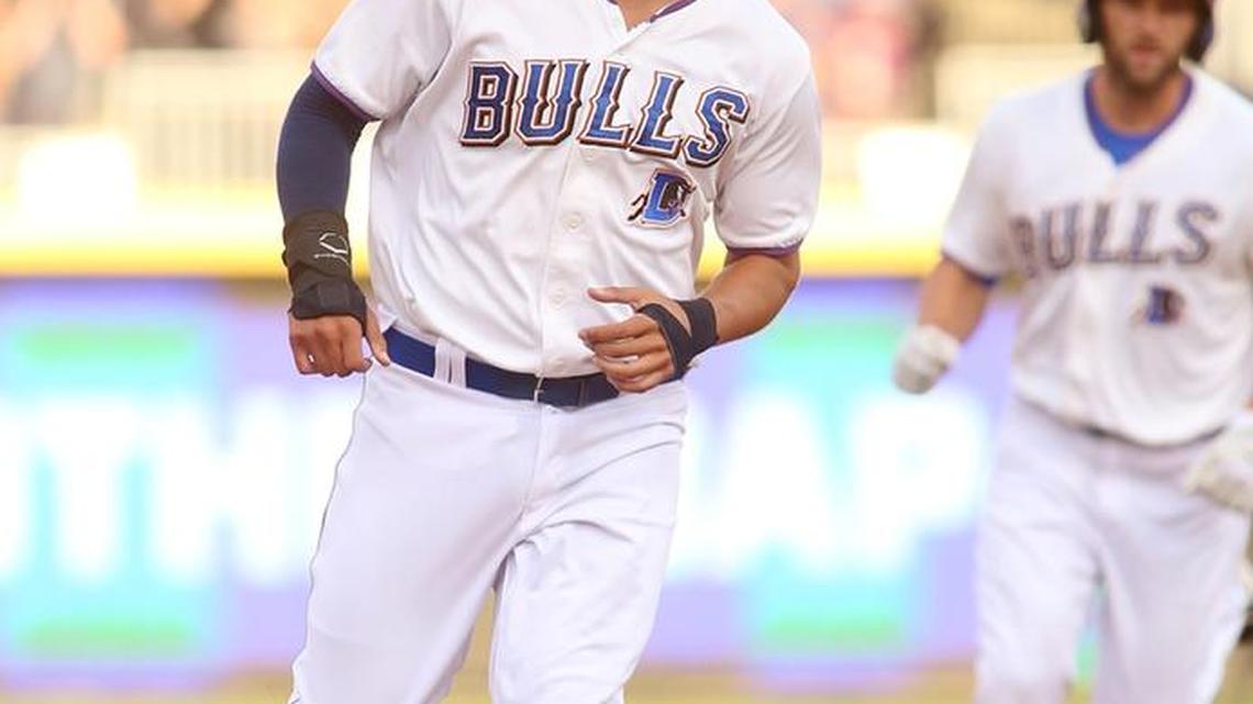 Durham Bulls third baseman Patrick Leonard runs in the bases during Monday night's home opener at Durham Bulls Athletic Park against the Charlotte Knights.