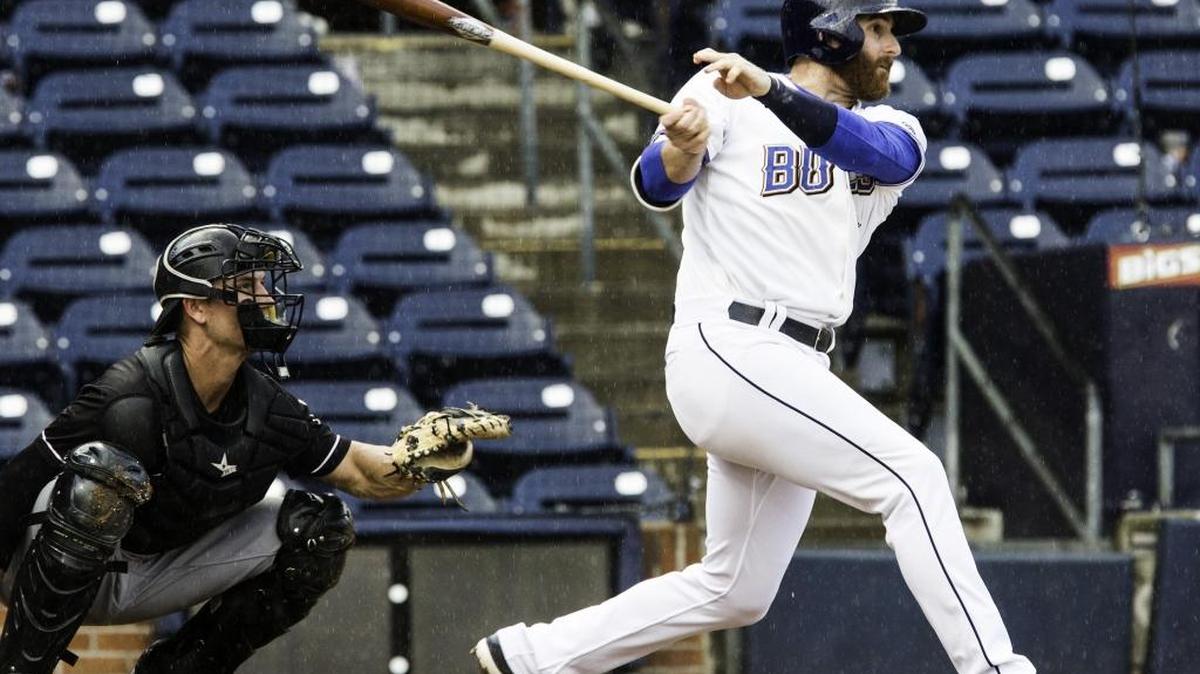 Brad Miller bats during the Durham Bulls victory over the Charlotte Knights in July.