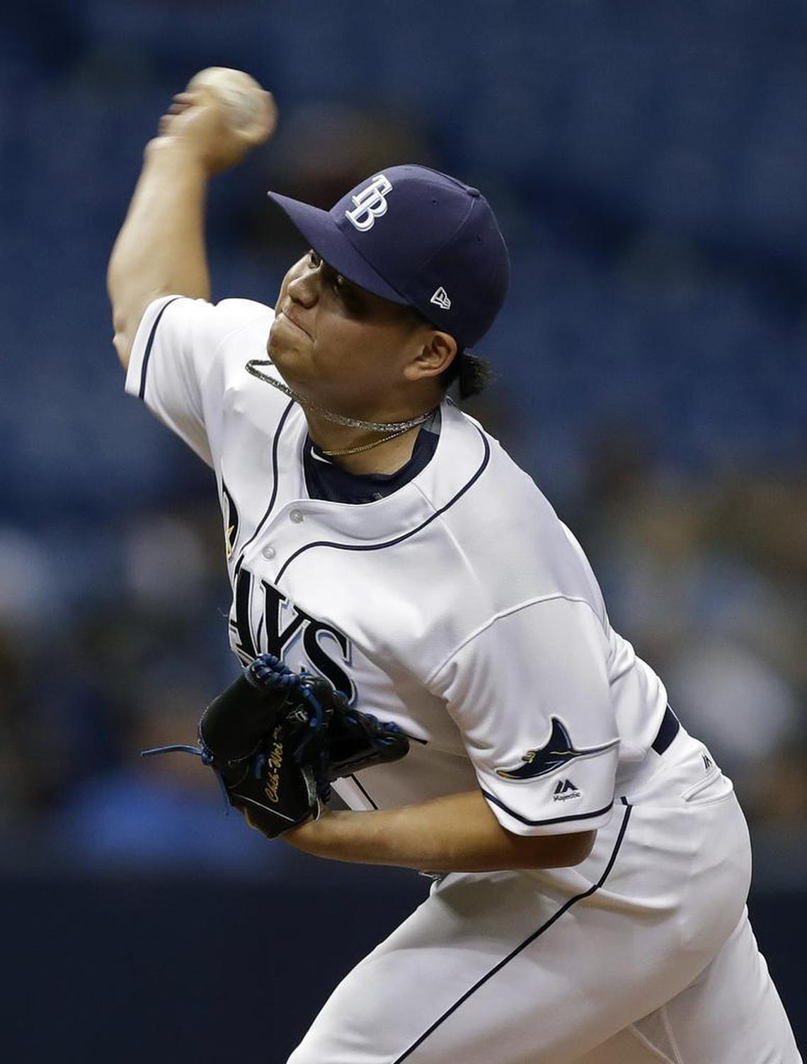 Tampa Bay Rays pitcher Chih-Wei Hu, of Taiwan, delivers to the Miami Marlins last Thursday at Tropicana Field in St. Petersburg, Fla. A starter earlier this season with the Durham, Hu is back with the Bulls transitioning a relief pitching role.